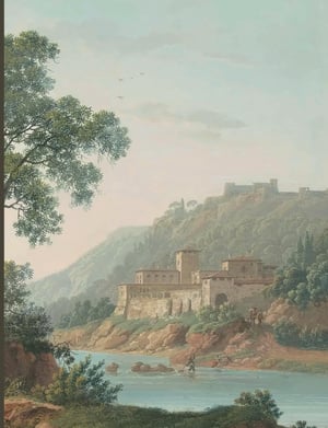 River Landscape with Castles and Travelers (1817) by Baron Louis-Albert-Guillain Bacler d'Albe